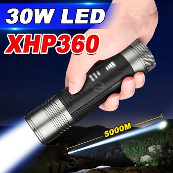 30W LED Super Bright Svítilna Usb Nabíjecí XHP360 Silný Pochodeň Zoomovatelný Vodotěsné Svítilny pro Lov, Rybolov Pracovní