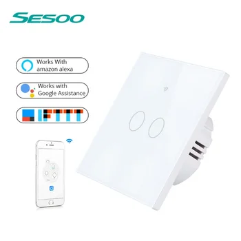 Původní SESOO EU Standard ,WI-fi Inteligentní Dotykový Spínač APP Bezdrátové Dálkové Světlo Vypínač 2 Gang 1way, pro Alexa / Google Domov