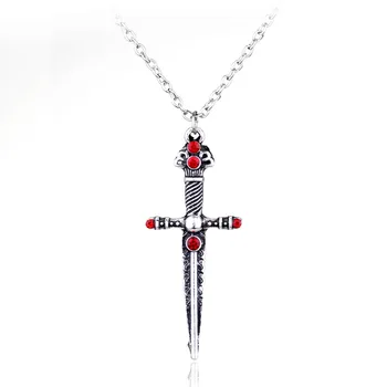 Retro Meč Náhrdelník Red Drahokamu Crystal Kříž Přívěsek Náhrdelníky Pro Ženy, Muže Módní Šperky Obojek Náhrdelník Příslušenství