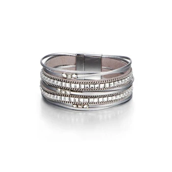 Módní Vícevrstvé Kožené Náramky pro Ženy Magnet Sponu Crystal Bohemian Double Wrap Náramek Šperky Magnet Spona
