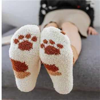 Zimní Cartoon Kočka Tlapky Ponožky ženy Muži Sladké Harajuku Coral Fleece Pohodlné Ponožky Happy Vtipné Ponožky S Tlapkami Na Nohy