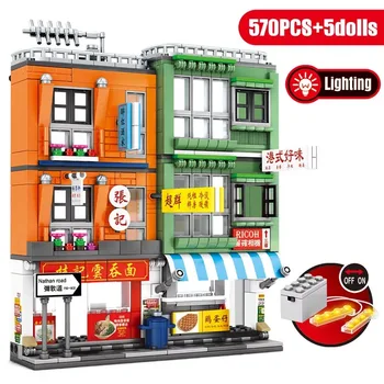Město Hong Kong Street View Restaurace Stavební Bloky DIY Stylu Nudle Domu Obchod Cihly Údaje Hračky Pro Děti