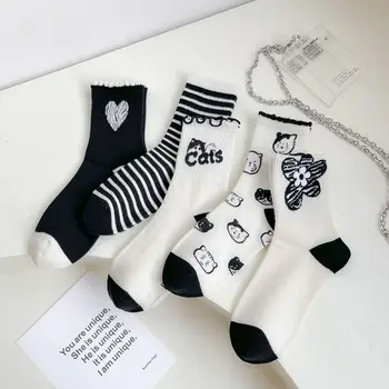 Ležérní Černé Bílé Ponožky Ženy, Zvířata, Kreslený Tisk Japonské Kawaii Roztomilé Módní Proužkované Ponožky Harajuku Streetwear Dlouhé Ponožky
