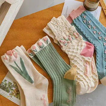 Nové Ženy, Ponožky Korejský Styl Květina Trend Ležérní Bavlněné Ponožky Holky Zdobené Prohrábnout Roztomilé Sladké Prodyšné Kawaii Crew Ponožky Girls