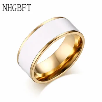 NHGBFT 8mm Široká Zlatá Barva Bílý Epoxid Kroužky Pro Pánská Ženy z Nerezové oceli svatební zásnubní prsteny Dropshipping