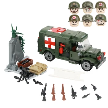WW2 Vojenské Lékařské Auto Ambulance Stavební Bloky US Army Zraněný Voják Údaje Zbraň, Helmu Cihly Částí Hračky Pro Děti