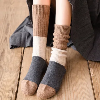 Patchwork Barva Teple Dámy Hromadu Ponožek Thicking Ženy Ponožky Mid Ponožky Vlněné korejský Styl 1pár pro Zimní