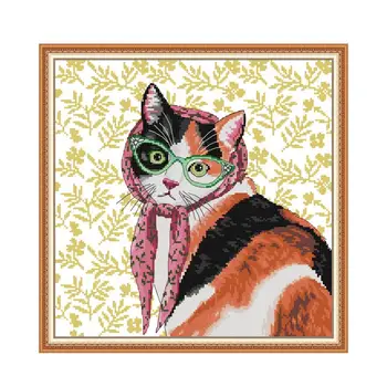 Kočka S Brýlemi Vzor Cross Stitch Kit DIY Ruční Vyšívání 11CT 14CT Počítají Tištěné Plátno Fabric Šicí Sada dětský Pokoj Dekor
