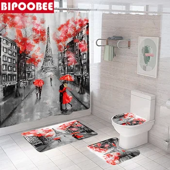 Červený Deštník Milence Paris Věž Koupelnové Doplňky Set Sprchový Závěs Koupelny Dekor Vana Wc Kryt Non-slip Koberce Koberec