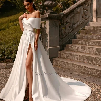 Bílé Svatební Šaty Pro Ženy 2023 Off Rameno Perly Svatební Šaty Na Zakázku Robe De Mariee Vysoké Split Princezna
