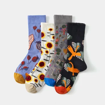Vtipné Žakárová Měkká Česaná Bavlna Ponožky Ženy Muži Japonské Harajuku Hip-hop Umění Ponožky Kreativní Slunečnicových Semen Pták, Vintage Ponožky