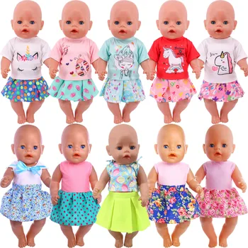 Doll Oblečení Karikatura Tisk T-shirt + Sukně Vhodné 43 cm Baby 18 palcový American Doll Dívka Naši Generaci Šaty Baby Reborn Panenky Dárek