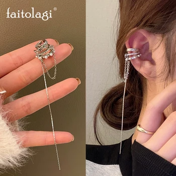 1ks Multi-vrstva Geometrické Klip Náušnice pro Ženy, Lesklé Zirkony Pearl Ear Clip Ne Piercing Dlouhý Řetěz Střapcem Ucho Manžety Šperky