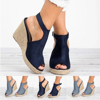 Ženy Sandály Rybí Ústa Plus Velikost Klínové Podpatky Móda Ležérní Spony Semišové Letní Sandál Nové Sandály Hot Prodej