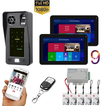 9 palcový 2 Monitory Wifi Bezdrátové Otisků prstů, čipové Karty Video Dveřní Telefon Zvonek Intercom Systém s Kabelovým AHD 1080P Dveře Př