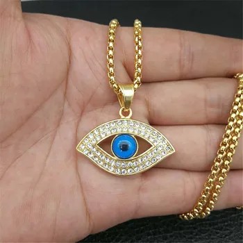 Turecké Oko Přívěsek S Řetěz Z Nerezové Oceli A Ledový, Bling Kamínky Amulet Náhrdelník Hip Hop Šperky Turečtina