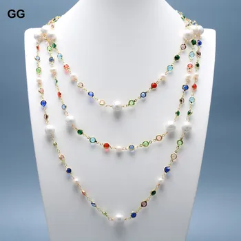 GG Šperky Přírodní Freshwter Bílé Kulaté Keshi Perla Zirkony CZ Mikro Vydláždit Gold Pozlacený Řetěz Dlouhý Náhrdelník Pro Ženy