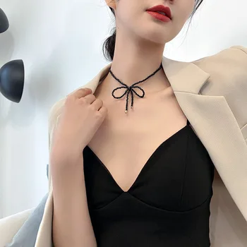 Sexy Černé Crystal Bow-uzel Krátké Úvazky Ženské Módy Temperament Krku Obojky Náhrdelník Šperky Pro Ženy korejské Náhrdelníky dárek