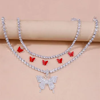 Módní Vícevrstvý Náhrdelník Plný Crystal Řetěz Náhrdelník Pro Ženy 2021 Vintage Boho Barevný Motýl Přívěsek Sladké Šperky Gfit