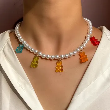 Vícebarevný Transparentní Candy Bear Korálek Náhrdelník Pro Ženy Roztomilý Přívěsek Ručně Vyráběné Imitace Pearl Náhrdelník Módní Kreativní Šperky