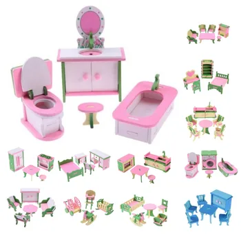 12 Sad Dollhouse Nábytek Miniaturní Dřevěné Kreativní Koupelny, Ložnice, Restaurace Pro Děti, Akční Obrázek Panenku Dům Příslušenství