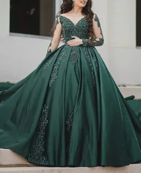 Dubaj Smaragdově Zelené Krajkové Večerní Šaty Princezna Dlouhý Rukáv Nášivka Sheer Krku 2023 Saúdské arabské Formální Svatební Šaty gala