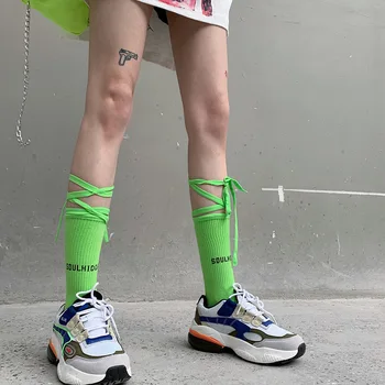 Módní zelené Pánské ponožky Street Hip Hop Fluorescenční Žlutá Unisex Ženy Muži stuhou Dlouhé ponožky bavlna Vtipné Ponožky happy