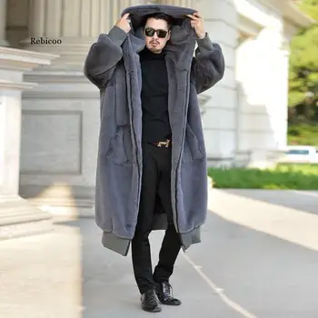 Podzimní plášť umělé norkové kožešiny kůže bunda pánská zimní zahustit teplé kožešiny kožený kabát muži, volné bundy s kapucí