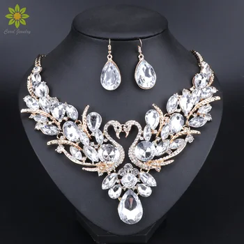 Clear Crystal Svatební Šperky Sady Zlato Barva Swan Přívěsek Ženy, Dárek, Párty, Svatbu, Ples Náhrdelník Náušnice Příslušenství