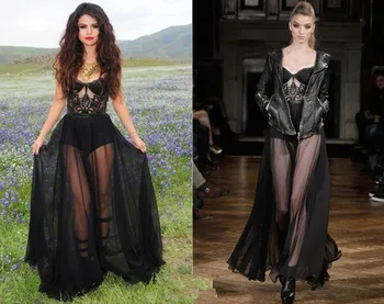 Sexy Úžasné Černé-Line Selena Gomez Celebrity Šaty Srdíčko Naprosté Živůtek Nášivky Krajky Ozdobený Šifon Plesové Šaty