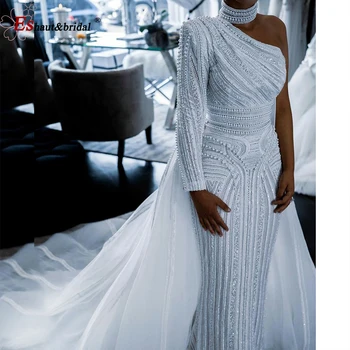 Dubaj Vysoká Krk Rameno 2022 Perly Krajky Prom Party Nosit Luxusní Mořská Panna Odnímatelný Vlak Večerní Formální Šaty Pro Ženy