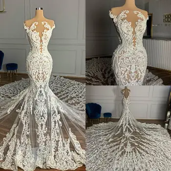 Arábie Krajky Mořská panna Svatební Šaty Roku 2020 Plus Velikosti Iluze Korálkové Vintage Svatební Šaty na Zakázku Sexy vestidos de novia