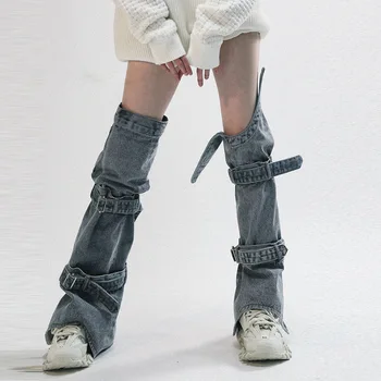 Dámské Y2K Džínové Návleky 90. let Kolena Vysoké Harajuku Spony Jean Ponožky Punk Gothic Nohu Kryt Punčochy Streetwear