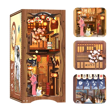 Cutebee DIY Book Nook Police Vložit Soupravy Japonské Třešně Dřevěné Miniaturní Dům s Nábytkem LED DIY Hračka Dárek pro Dívky