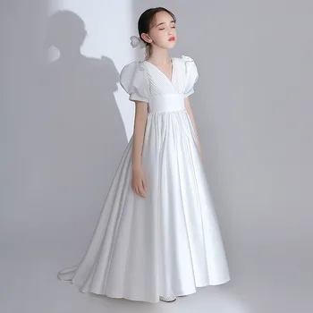 Elegantní dívčí Šaty Princezna dětské Oblečení Party Fashion Dlouho-line Šaty Dívky Děti Solid Color Svatební Obřad Šaty