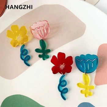 HangZhi 2020 Nový korejský Krásné Barevné Akrylové Pryskyřice, Květina Tulipán Jeden Transparentní 1 Ks Náušnice pro Ženy Šperky