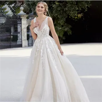 Jednoduché Boho Chic Svatební Šaty 2022-line V-neck Nášivky bez Rukávů s hlubokým Výstřihem Svatební Šaty Pro Elegantní Ženy Vestido De Noiva