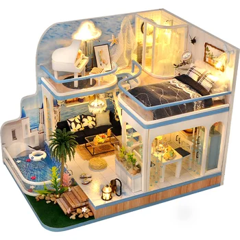 DIY Dřevěný Domeček pro panenky Miniaturní Modrý Oceán Vila Panenku Dům s Nábytkem Kit Casa Hračky pro Děti, Dívky, Dárky k Narozeninám