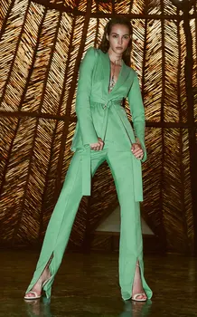 2 Ks Elegantní Zelené Obleky, Plesové Šaty Sash Výstřih Split Kalhoty, Večerní Šaty Na Zakázku, Dlouhé Rukávy Kotník Délka Party Šaty