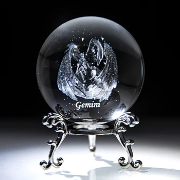 H&D 3D Souhvězdí 60mm Křišťálové Koule Koule Figurka Fengshui Léčení Řemeslo Dekor S Sliver Pokovené Kvetoucí Stát (Gemini)