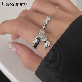 FOXANRY Stříbrná Barva Prsteny pro Ženy Nové Módní Elegantní Jednoduché Šumivé Zirkon Nevěsta Šperky Medvěd LÁSKA Srdce Příslušenství