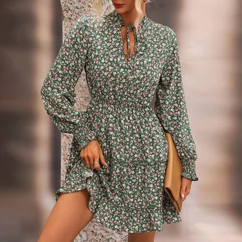 Dámské šaty elegantní květinové tisk dlouhý rukáv šaty pro Ženy podzim výstřih vysoké pasu Hubená Poskakovat-line Mini Šaty