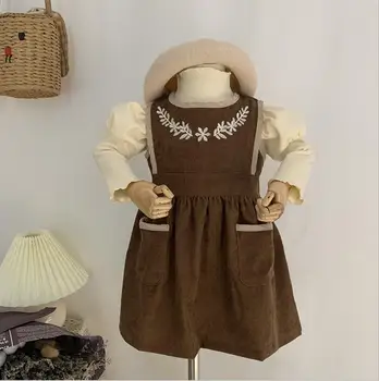 Vintage květinové výšivky dívky vesta manšestr šaty pro dívky batole oblečení dětské oblečení kojenecké děti kostýmy děti obléci