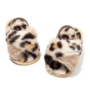 Baywell Dítě Dívky Leopard Plyš Sandály Umělé Kožešiny Snímky Sandály Novorozence Non-Slip Boty Krytý Venkovní Dětské Pantofle 0-18M
