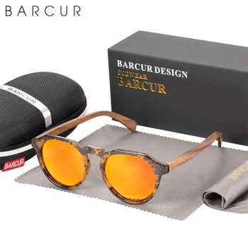 BARCUR Retro Designu Značky Ořechového Dřeva Chrámu Polarizované Ženy Brýle Round Frame Brýle Muži UV400